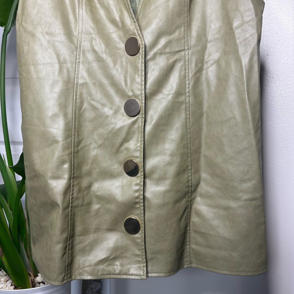 Zara Faux Leather Suede Olive Army Green Sleeveless Mini Dress with Gold Buttons - Picture 6 of 10